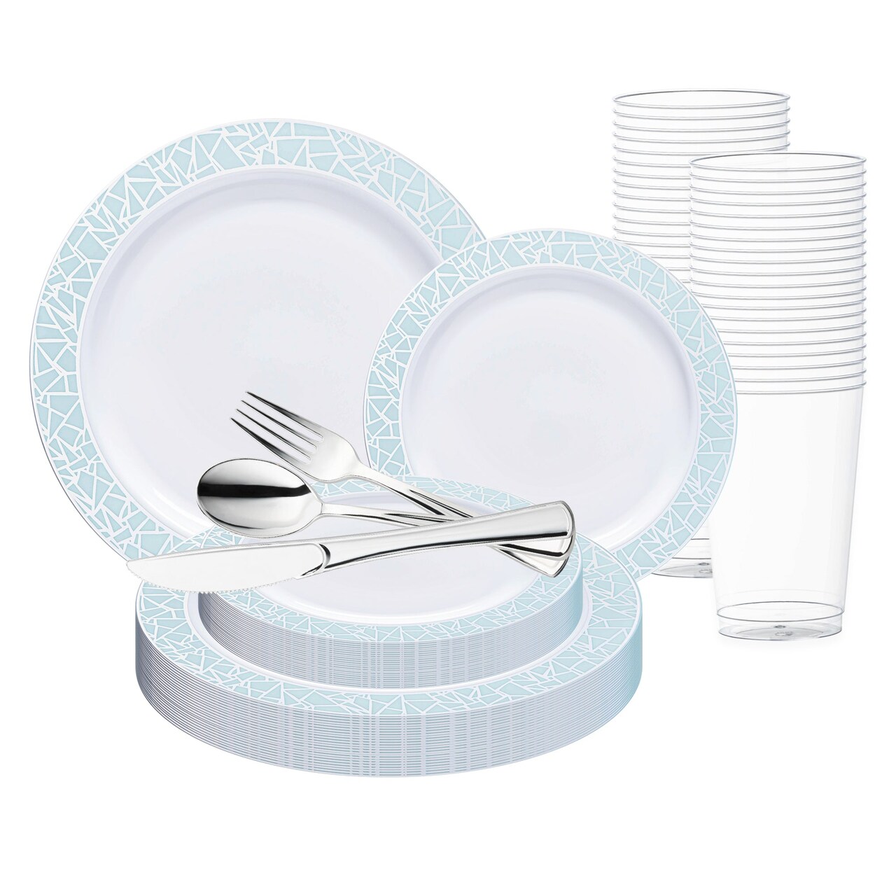 White with Turquoise Blue and Silver Mosaic Rim Round Plastic Wedding Value Set (20 Settings)